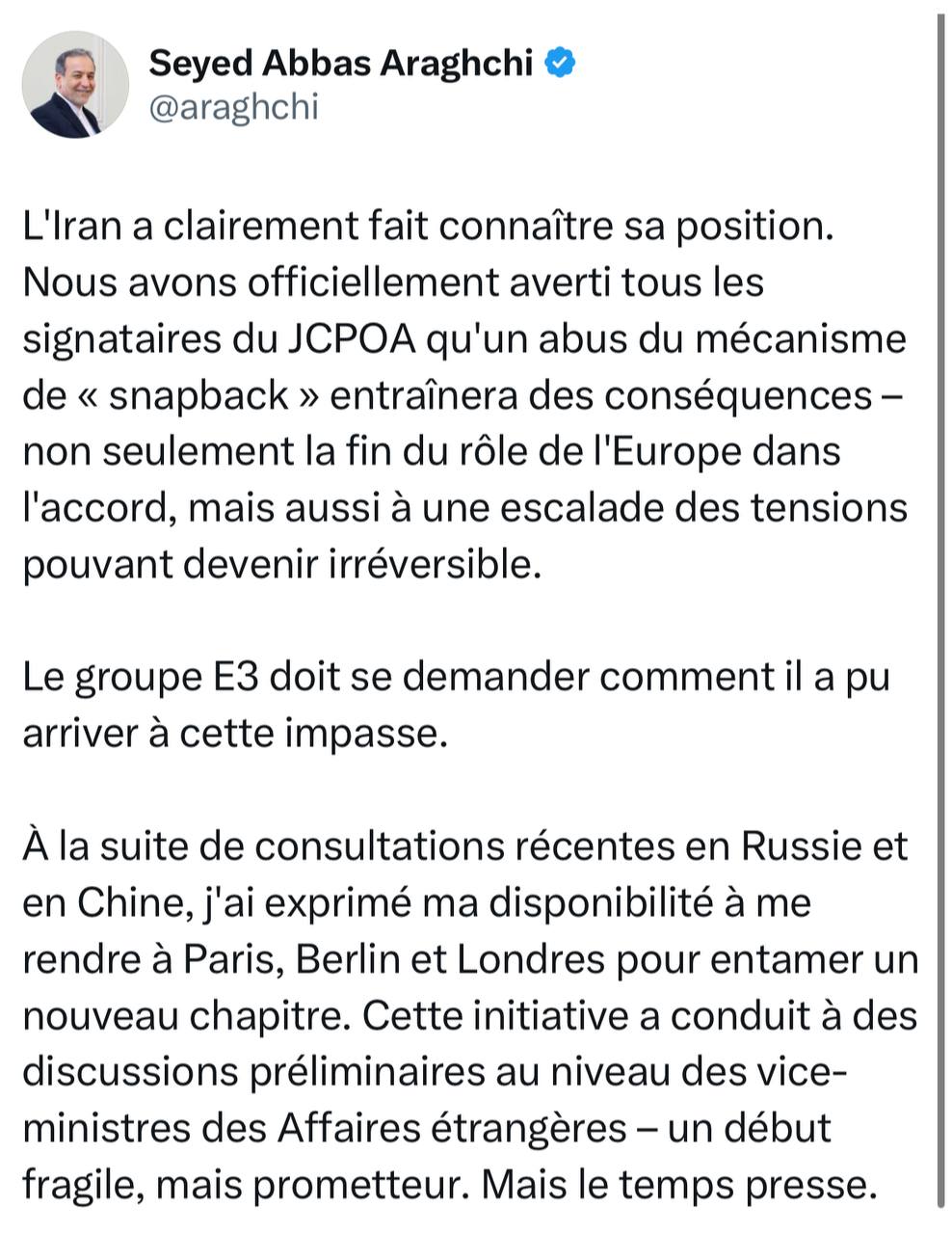 هشدار عراقچی در مورد مکانیسم ماشه