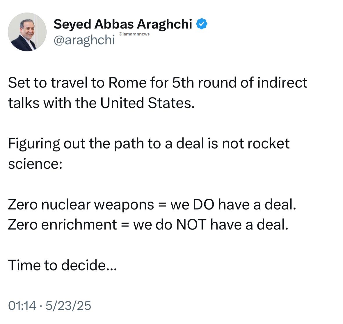 پیام مهم عراقچی پیش از مذاکرات در رم