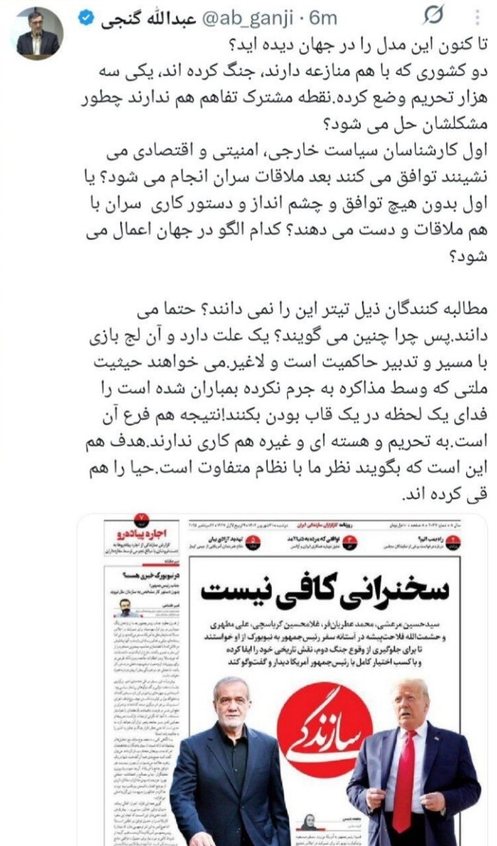 انتقاد عبدالله گنجی از طرفداران دیدار پزشکیان و ترامپ