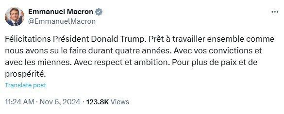 ماکرون رییس جمهور فرانسه پیروزی ترامپ در انتخابات آمریکا را تبریک گفت