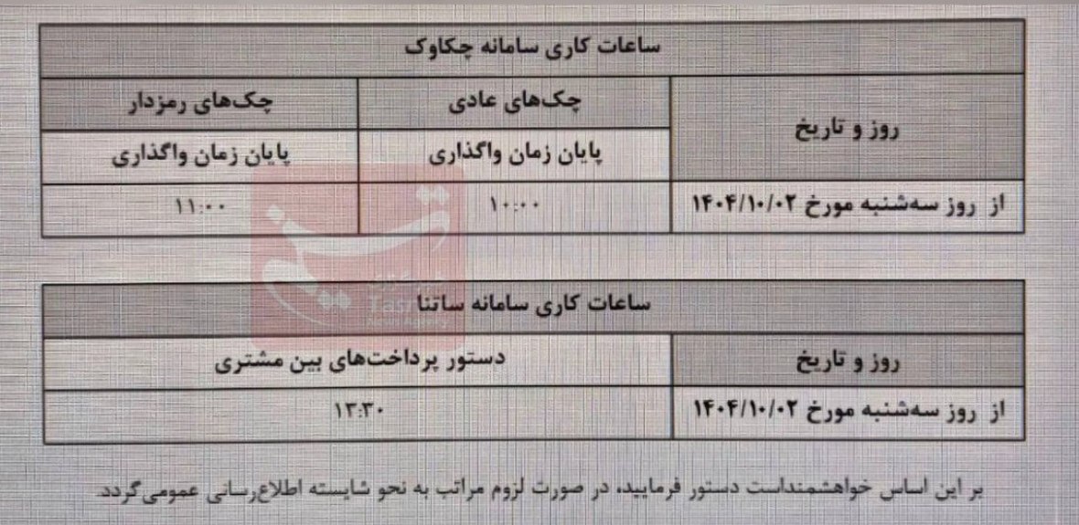 ساعت کاری جدید ساتنا و چکاوک