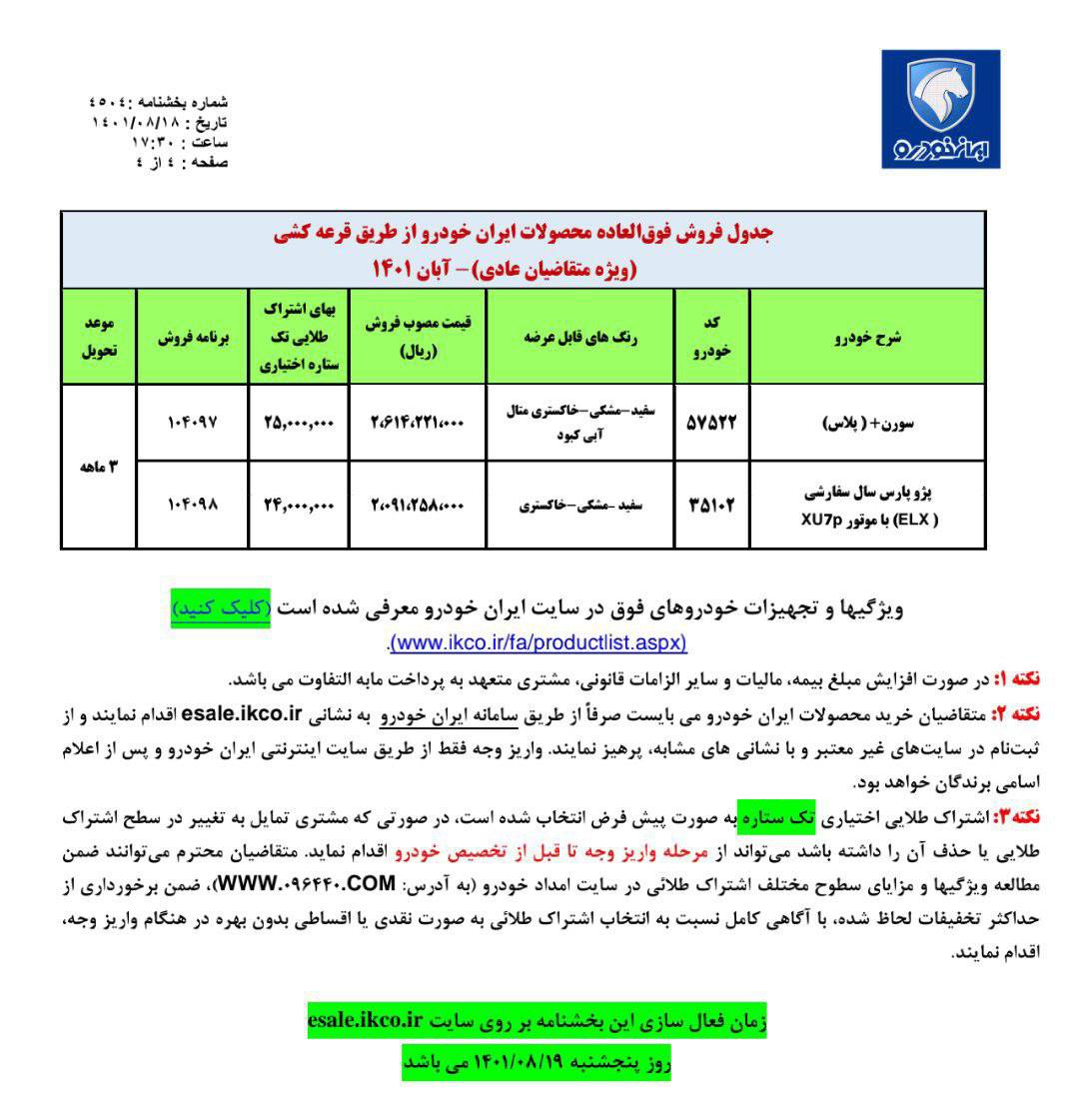 فروش فوری ایران خودرو ویژه آبان ماه 1401