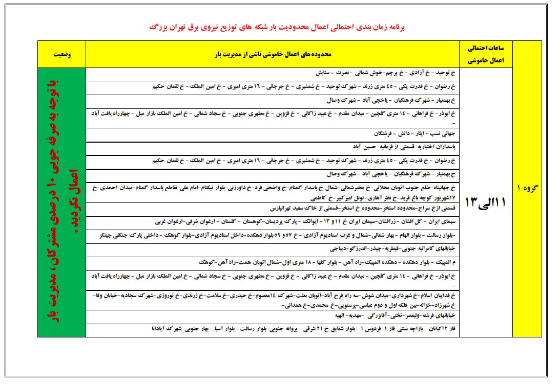 جدول قطع برق مناطق مختلف شهر تهران (3)