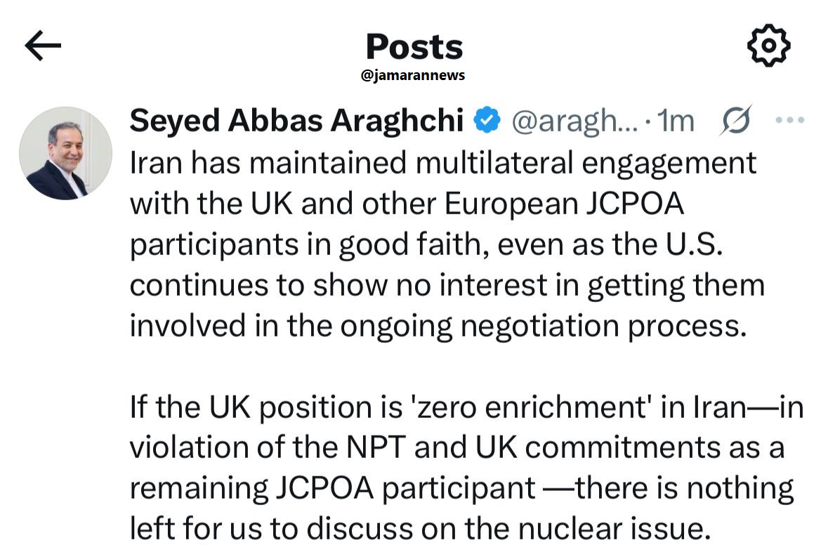 تذکر هسته ای عراقچی به بریتانیا