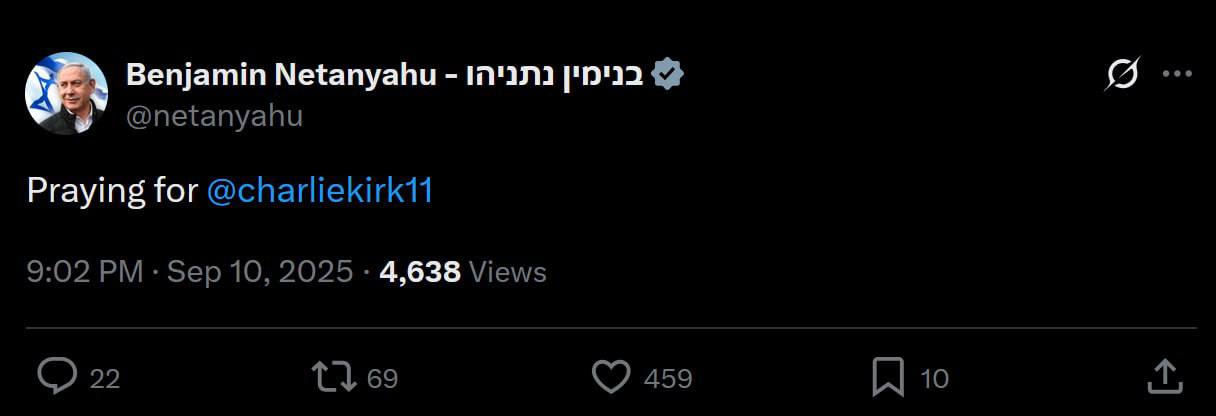 واکنش نتانیاهو به ترور چارلی کرک