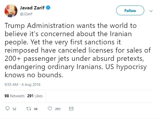 واکنش ظریف به بازگشت دور اول تحریم ها علیه ایران با امضای ترامپ