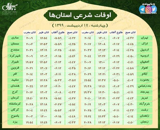 اوقات شرعی تمام مراکز استان‌ها (چهارشنبه 17 اردیبهشت)