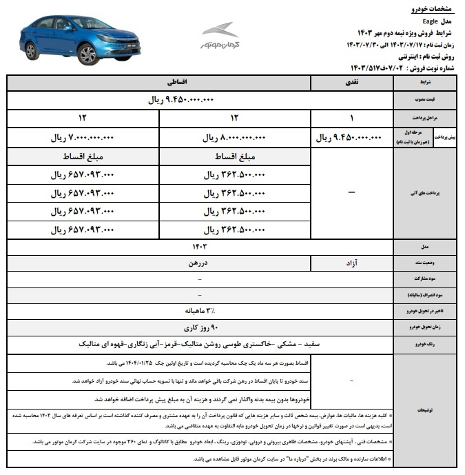 شرایط فروش خودرو جدید KMC ایگل