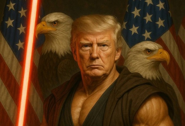 ترامپ در قالب شخصیت «جنگ ستارگان»/ شمشیر شخصیت‌های منفی در دست رییس جمهور آمریکا! + عکس