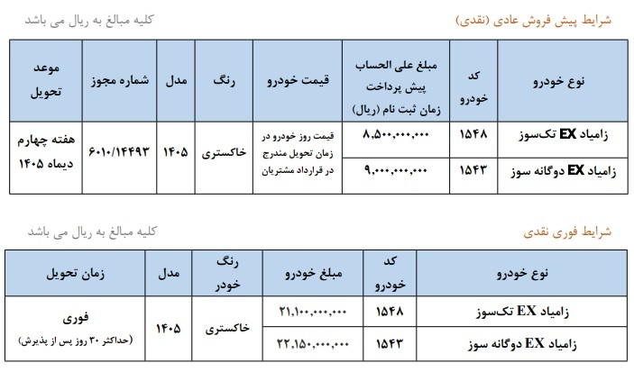 فروش فوری و پیش فروش زامیاد EX سایپا با قیمت جدید