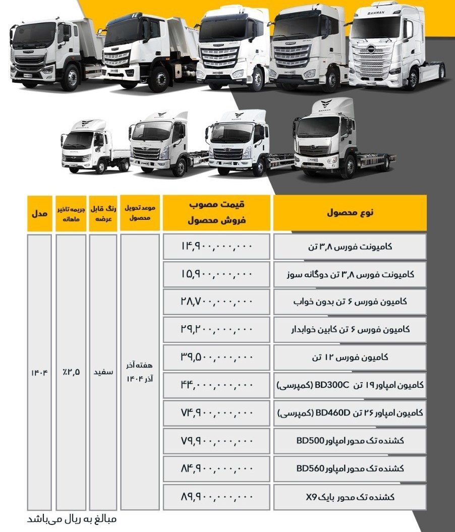 فروش محصولات بهمن دیزل با قیمت جدید (آبان 1404)