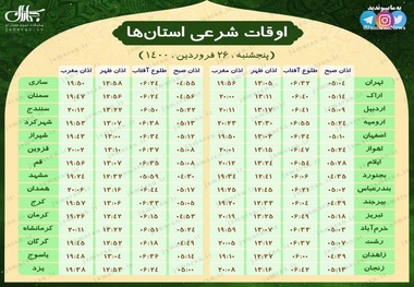 اوقات شرعی استان ها؛ پنجشنبه 26 فروردین 1400