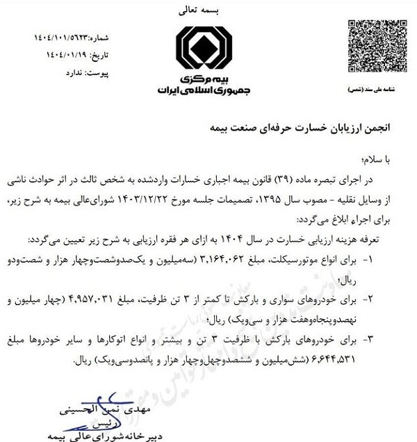 تعرفه ارزیابی خسارت وسایل نقلیه در سال 1404