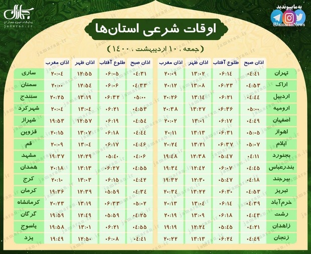 اوقات شرعی استان ها؛ جمعه 10 اردیبهشت 1400