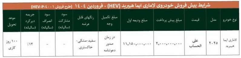 شرایط جدید فروش لاماری ایما هیبرید برای متقاضیان عادی