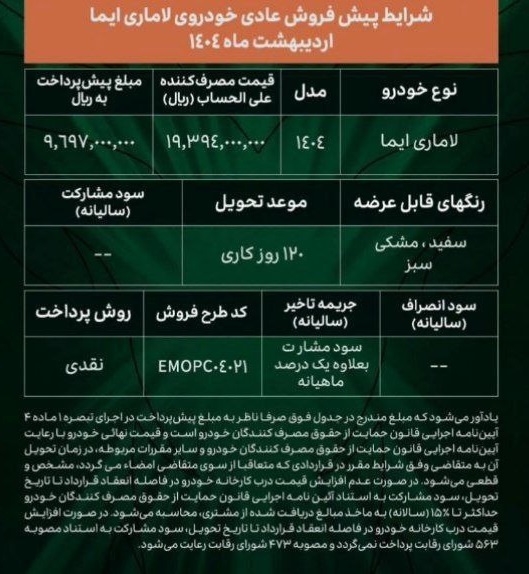 طرح فروش خودرو لاماری ایما با قیمت جدید (اردیبهشت 1404)