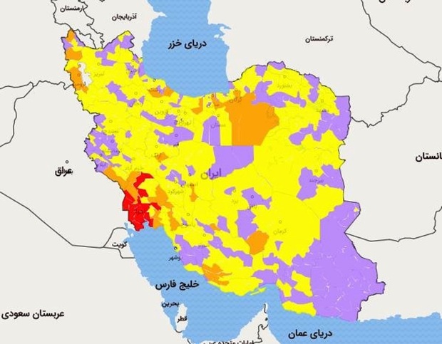 اسامی استان ها و شهرستان های در وضعیت قرمز و نارنجی / دوشنبه 25 اسفند 99