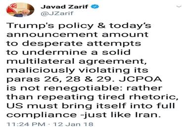 واکنش ظریف به زیاده‌خواهی‌های ترامپ: برجام قابل مذاکره مجدد نیست
