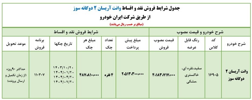 فروش اقساطی وانت آریسان با شرایط ویژه (مهر 1403)