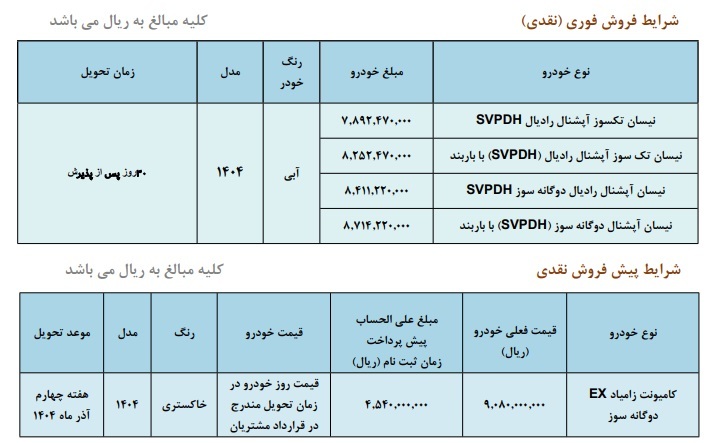 فروش انواع مدل‌های وانت نیسان زامیاد (شهریور 1404)