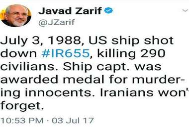 ظریف: ایرانیان جنایت آمریکا را در هدف قرار دادن هواپیمای مسافربری فراموش نمی کنند