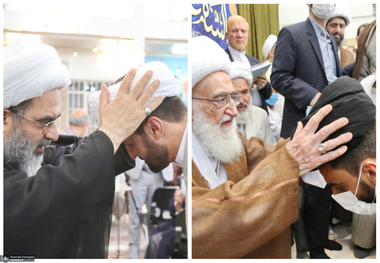 مراسم عمامه گذاری طلاب توسط آیت‌الله العظمی نوری همدانی و آیت الله فاضل لنکرانی