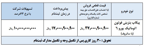 بخشنامه فروش پیکاپ فوتون اتوماتیک با قیمت جدید